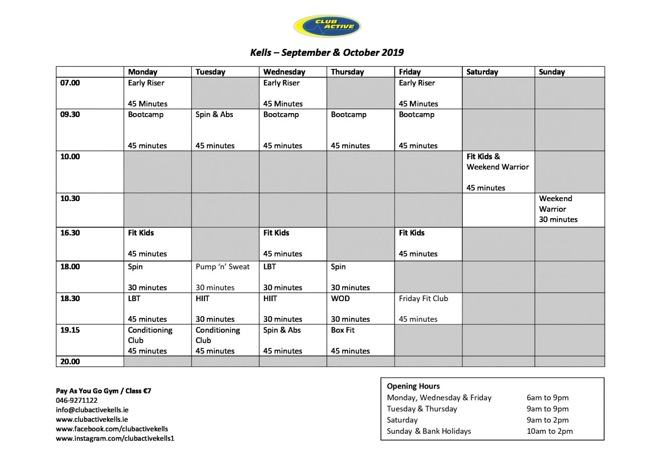 Cles - ClubActive Kells Fitness center Exercise Studio picture about Printable Class Schedule referred to as Cles - ClubActive Kells Health club Conditioning Studio